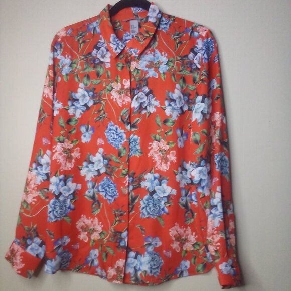 H & M Shirt Women 12 Button Front Long Sleeve Floral Red Blue Green - Picture 1 of 14